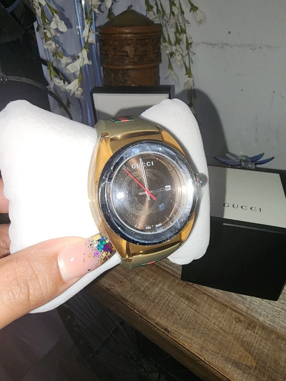 Authentic Gucci Sync YA137108 Rose Gold Green Rubber Strap Swiss Made Watch Box